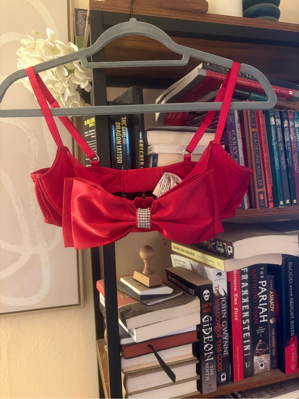 Victoria's Secret Red Satin Bow Bralette with Rhinestone Center